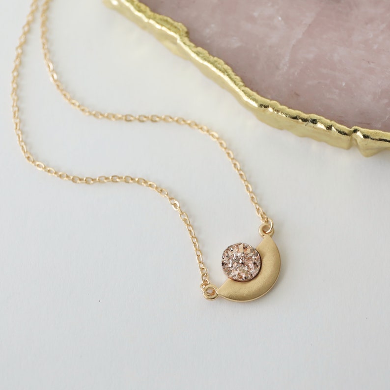 Gold Halfmoon with Light Rose Gold Druzy Pendant Necklace Birthday Gift Bridesmaid Gift Graduation Gift image 7