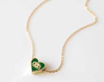 Green Evil Eye  Heart Bead Necklace