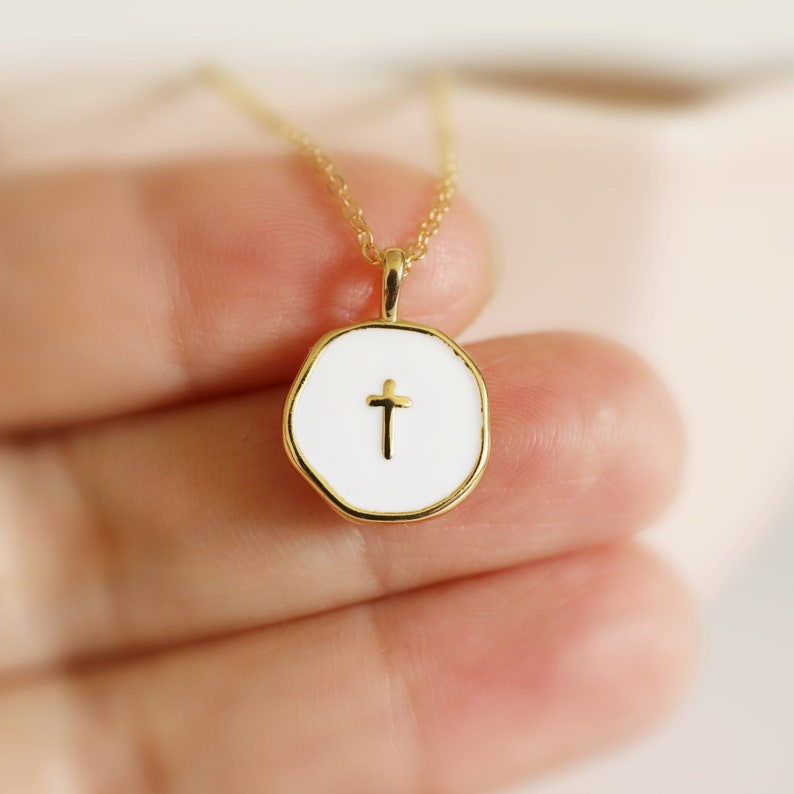Cross Necklace White Enamel Gold Cross Pendant Necklace Birthday Gift Bridesmaid Gift Mothers Day Gift image 2