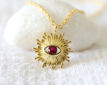 Ruby Color CZ Stone Evil Eye Necklace • Evil Eye Necklace •Birthday Gift • Bridesmaid Gift • Graduation Gift • Layered Necklace