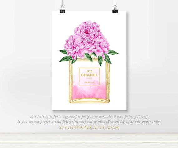 Chanel No 5 Perfume Bottle Pink Peonies Faux Gold Art Print Etsy