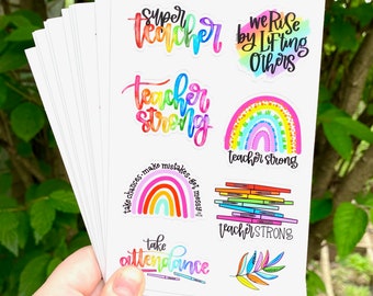 Teacher Themed Rainbow Watercolor Hand Lettered Durable & Weatherproof Vinyl Die Cut 4"x6 » Sticker Sheet