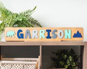 Wooden Name Puzzle with Bear and Mountain, Valentine&#39;s Day Gift for Kids, Personalized Gift for Boy, Wooden Toys, Baby Name Puzzle