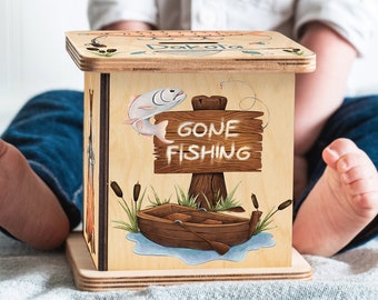 Wooden Piggy Bank, Personalized Gift, Camping Piggy Bank for Boys, Custom Coin Bank, Easter Gifts, Gone Fishing, Money Box