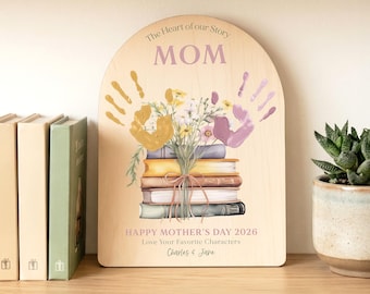 Personalized Mother’s Day Handprint Gift from Kids, Book Lover Mom Sign, Sentimental Keepsake, Custom Wood Sign