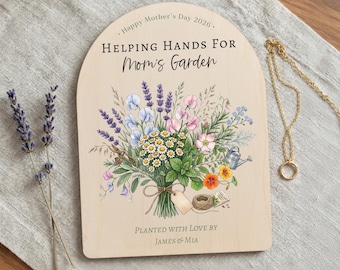 Mother’s Day Gift from Kids, Personalized Mom’s Garden Sign, Custom Floral Wooden Arch