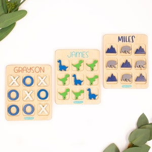 Wooden Tic Tac Toe Game, Gift for Kids, Valentines Day, Easter, Birthday Present, Party Favor, Wooden Travel Game, Tic-Tac-Toe Board, Dino
