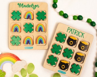 Tic Tac Toe St Patricks Day Gifts for Kids, St Pattys Day, Wooden Kids Game, Personalized Gift, Custom Travel Game