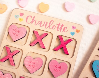 Tic Tac Toe Valentine, Valentines Day Gift for Kids, Valentine for Class, Wooden Kids Game, Personalized Gift, Custom Travel Game