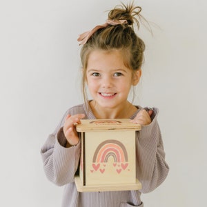 Personalized Wooden Piggy Bank, Easter Gifts for Girl, New Baby Girl Gift, Rainbow Decor, Coin Bank, Rainbow Baby, Money Box For Girls