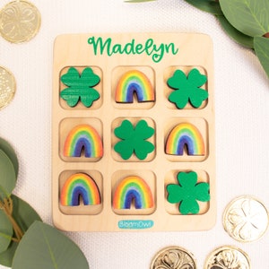 Tic Tac Toe St Patricks Day Gifts for Kids, St Pattys Day, Wooden Kids Game, Personalized Gift, Custom Travel Game