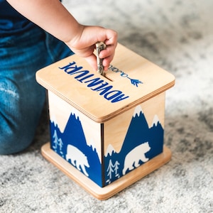 Personalized Piggy Bank, Wooden Bank for Boy, Bear Mountain Bank, For Your Adventures, Money Box, Kids Easter Gifts, Vacation Fund Bank
