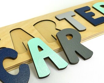 First Birthday Gift Name Puzzle Mint And Grey Nursery Wooden Navy First Birthday Gift Second Baby Shower Boy