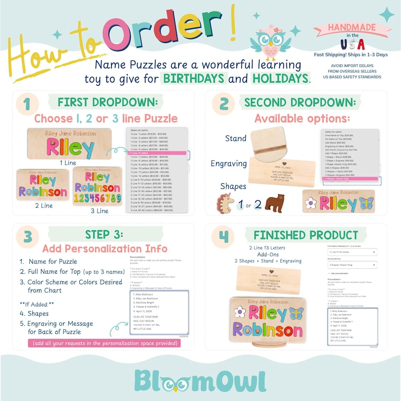 The image is a colorful advertisement for a handmade toy called "Name Puzzles" that is designed for birthdays and holidays. It features a step-by-step guide on how to order the puzzles, along with options for customization and a finished product.