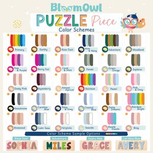 The image is a colorful puzzle piece with a variety of primary, secondary, and adventure colors, including Rose Dust, Mint, Adventure, and more. The puzzle piece is designed to be used as a color scheme sample option for different themes, such as "Sophia Miles" and "Grace Avery".