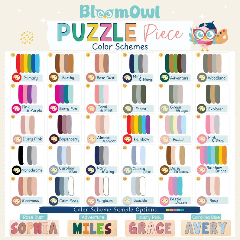 The image is a colorful puzzle piece with a variety of primary, secondary, and adventure colors, including Rose Dust, Mint, Adventure, and more. The puzzle piece is designed to be used as a color scheme sample option for different themes, such as "Sophia Miles" and "Grace Avery".