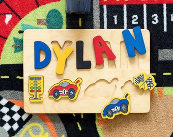 Race Car Wooden Name Puzzle for Toddler, Easter Gifts, Wooden Toy, Personalized Gift, First Birthday Gift, Race Cars, Name Puzzle Baby