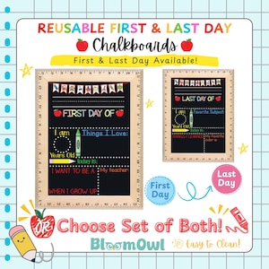 The image is an advertisement for reusable first and last day chalkboards, featuring a colorful design with illustrations of chalkboards and a ruler.