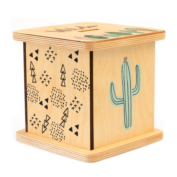 Wooden Piggy Bank, Cactus Nursery Decor, New Baby Gift, Coin Bank, Gender Neutral, Cactus Gifts