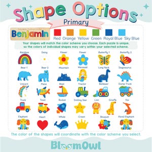 The image is a colorful collage featuring various shapes and animals, including a rainbow, daisy, flower, butterfly, bear, mountain, mermaid, unicorn, boat, triceratops, bulldog, dump truck, train, rocket, lion, giraffe, elephant, elephant, whale, crown, bouquet, and floral elephant. The shapes and animals are arranged in a visually appealing manner, with the colors coordinating with the color scheme chosen by the viewer.