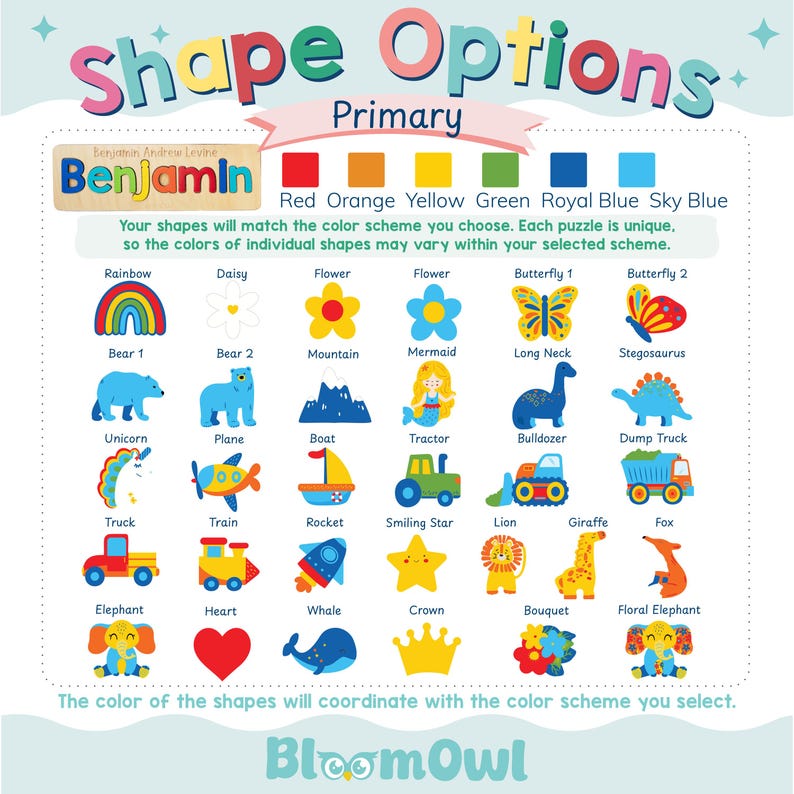 The image is a colorful collage featuring various shapes and animals, including a rainbow, daisy, flower, butterfly, bear, mountain, mermaid, unicorn, boat, triceratops, bulldog, dump truck, train, rocket, lion, giraffe, elephant, elephant, whale, crown, bouquet, and floral elephant. The shapes and animals are arranged in a visually appealing manner, with the colors coordinating with the color scheme chosen by the viewer.