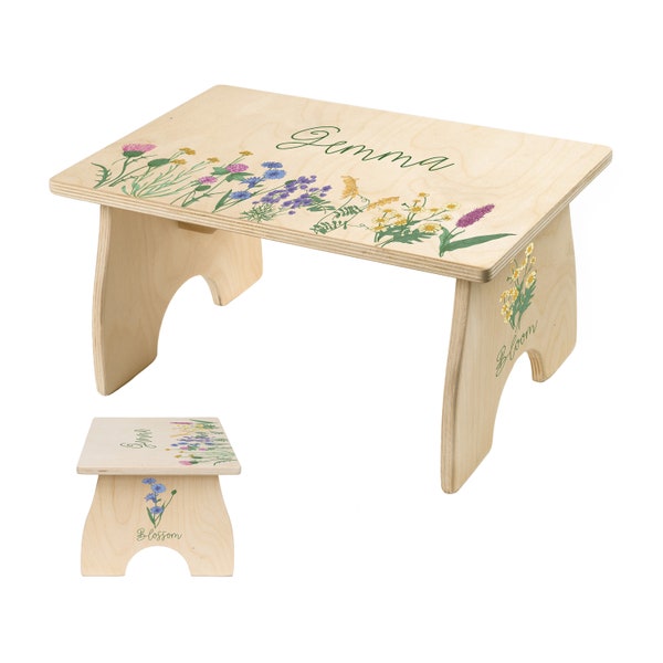 Toddler Step Stool, Floral Step Stool for Kids, Personalized Childrens Wood Step Stool, Flower Girl Gift, Kids Furniture, Bathroom Stool