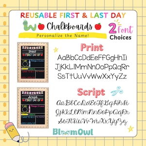 The image is a colorful advertisement for reusable first and last day chalkboards, featuring a variety of font styles and sizes.