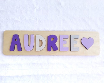 Wooden Name Puzzle with Heart, Personalized Easter Gifts for Girl, First Birthday Gift, Wooden Toys, Name Puzzle Baby, Purple Nursery