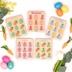 Tres en raya de Pascua, rellenos para cestas, regalo de Pascua para niños, juego de madera para niños, regalo personalizado, conejito, para niñas y niños imagen 3