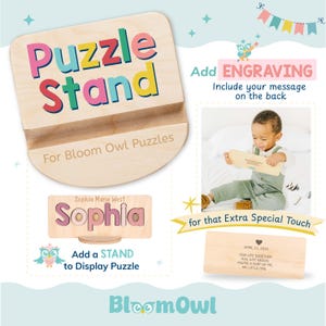 The image is an advertisement for a puzzle stand called "Puzzle Stand" designed for Bloom Owl puzzles. It features a young child sitting on a bed and holding a puzzle, along with a wooden puzzle stand and a personalized puzzle stand.