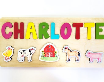 Farm Animal Name Puzzle, Animals with Floral Crown, Wooden Toy, Personalized Birthday Gift for Girl, Gift for Kids, Girl Farm Puzzle