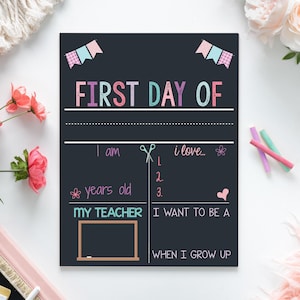 The image is a colorful chalkboard sign celebrating the first day of school, featuring a teacher's love and a desire to be a teacher.
