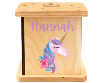 Wooden Piggy Bank, Easter Gifts for Girl, Baby Girl Gift, Unicorn Birthday, Rainbow Decor, Coin Bank, Unicorn Nursery