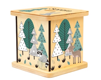 Tirelire en bois, décor de pépinière Scandi, cadeau de baby shower, animaux des bois, cadeau de Pâques, tirelire personnalisée, animaux des bois