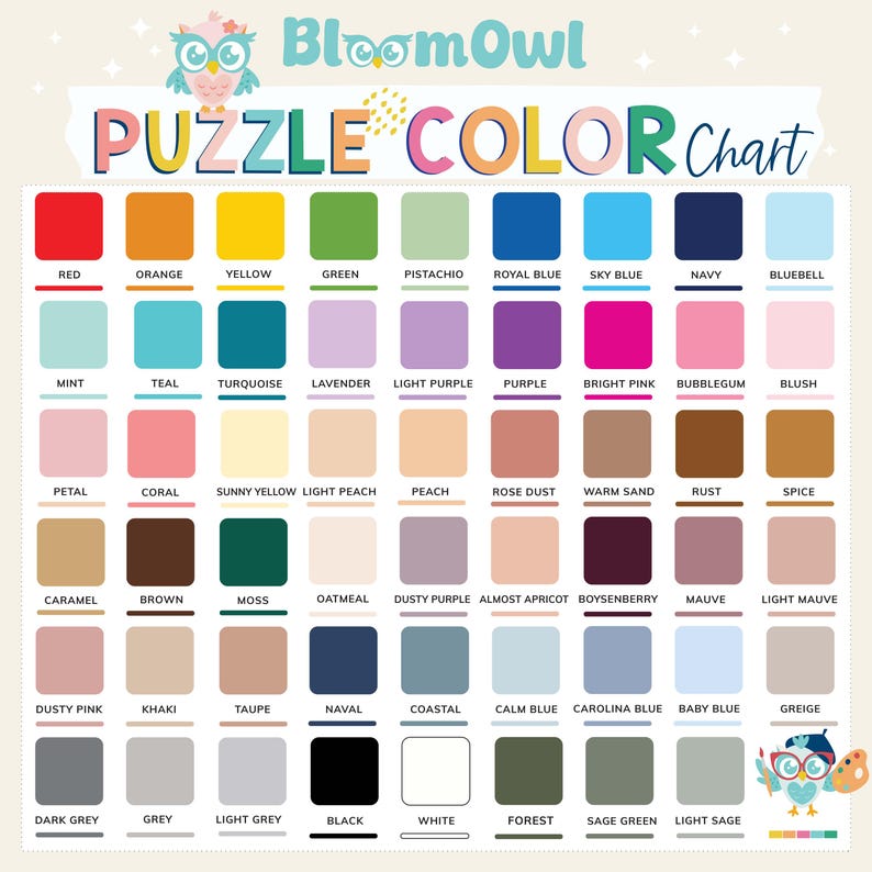 a color chart for the bloomow puzzle color chart