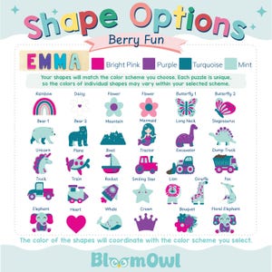 The image is a colorful and playful collage featuring various shapes and animals, including a rainbow, daisy, flower, butterfly, bear, mountain, unicorn, boat, triceratops, elephant, lion, giraffe, fox, whale, crown, and a bouquet. The shapes and animals are arranged in a grid-like pattern, and the color scheme of the shapes and animals matches the color scheme of the color scheme you select.