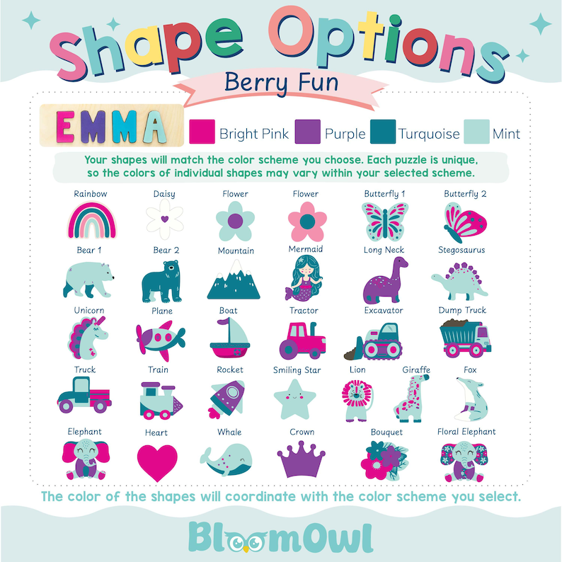 The image is a colorful and playful collage featuring various shapes and animals, including a rainbow, daisy, flower, butterfly, bear, mountain, unicorn, boat, triceratops, elephant, lion, giraffe, fox, whale, crown, and a bouquet. The shapes and animals are arranged in a grid-like pattern, and the color scheme of the shapes and animals matches the color scheme of the color scheme you select.
