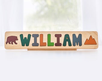 Woodland Name Puzzle with Bear and Mountain, Easter Gifts for Kids, Toddler Name Puzzle, Personalized Wood Toys, Custom Name Puzzle