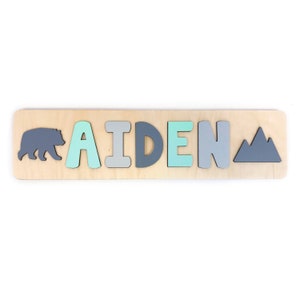 Wooden Name Puzzle with Bear and Mountain, Easter Gifts for Kids, Wooden Toy, Personalized Gift for Toddlers, Custom Name, New Baby Gift