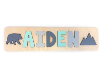 Wooden Name Puzzle with Bear and Mountain, Easter Gifts for Kids, Wooden Toy, Personalized Gift for Toddlers, Custom Name, New Baby Gift