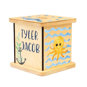 Under The Sea Bank, Personalized Easter Gift, For Boys, Ocean Nursery, Wooden Piggy Bank, Money Box, Nautical Baby Shower