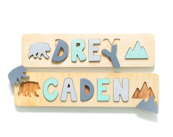 Woodland Name Puzzle with Bear and Mountain, Easter Gift for Boy, New Baby Gift, Birthday Gifts, Personalized Gifts, Name Puzzle Baby