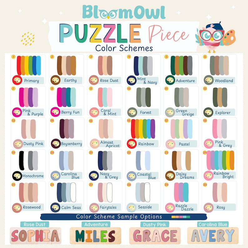 The image is a colorful puzzle piece with a variety of primary, secondary, and adventure colors, including Rose Dust, Mint, Adventure, and more. The puzzle piece is designed to be used as a color scheme sample option for different themes, such as "Sophia Miles" and "Grace Avery".