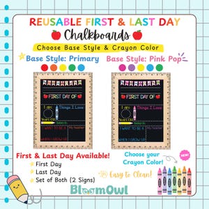 The image is an advertisement for reusable first and last day chalkboards. It features two chalkboard designs, one with a pink base style and the other with a primary base style. The chalkboards are available for purchase, and they come with a set of crayons and a pencil. The advertisement highlights the convenience of these chalkboards, as they can be used for both first and last days of school.