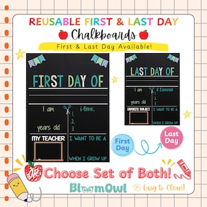 The image is an advertisement for reusable first and last day chalkboards, featuring a colorful design with illustrations of chalkboards and a cartoon character.
