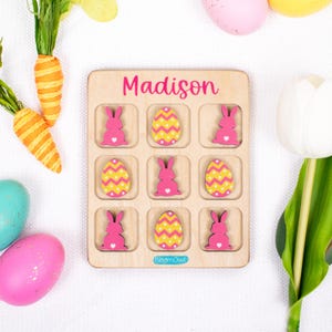 Tres en raya de Pascua, rellenos para cestas, regalo de Pascua para niños, juego de madera para niños, regalo personalizado, conejito, para niñas y niños imagen 4