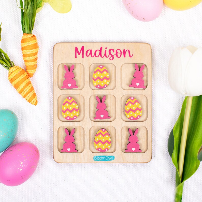 Tres en raya de Pascua, rellenos para cestas, regalo de Pascua para niños, juego de madera para niños, regalo personalizado, conejito, para niñas y niños imagen 4