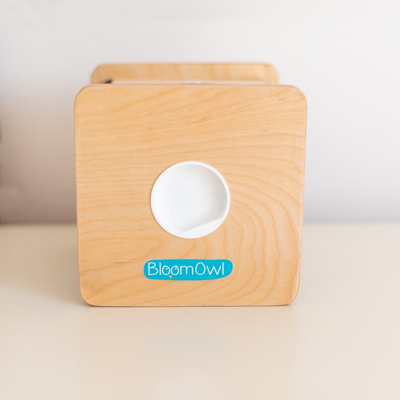 May include: A wooden box with a white round lid and a blue sticker that says "BloomOwl".
