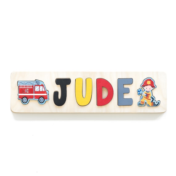 Wooden Name Puzzle for Toddler with Two Names Fire Fighter Wooden Name Puzzle for Toddler with Two Names Fire Fighter