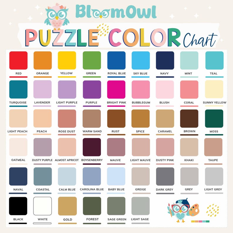 a color chart for the bloomow puzzle color chart